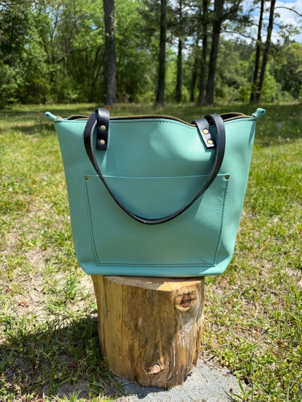 Portland Leather Goods Medium Zip Tote - Mint w/ Black Handles